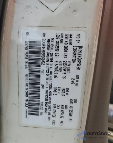 2003 Chrysler Town & Country Lx z USA, uszkodzony, nr VIN 2C4GP44383R261022